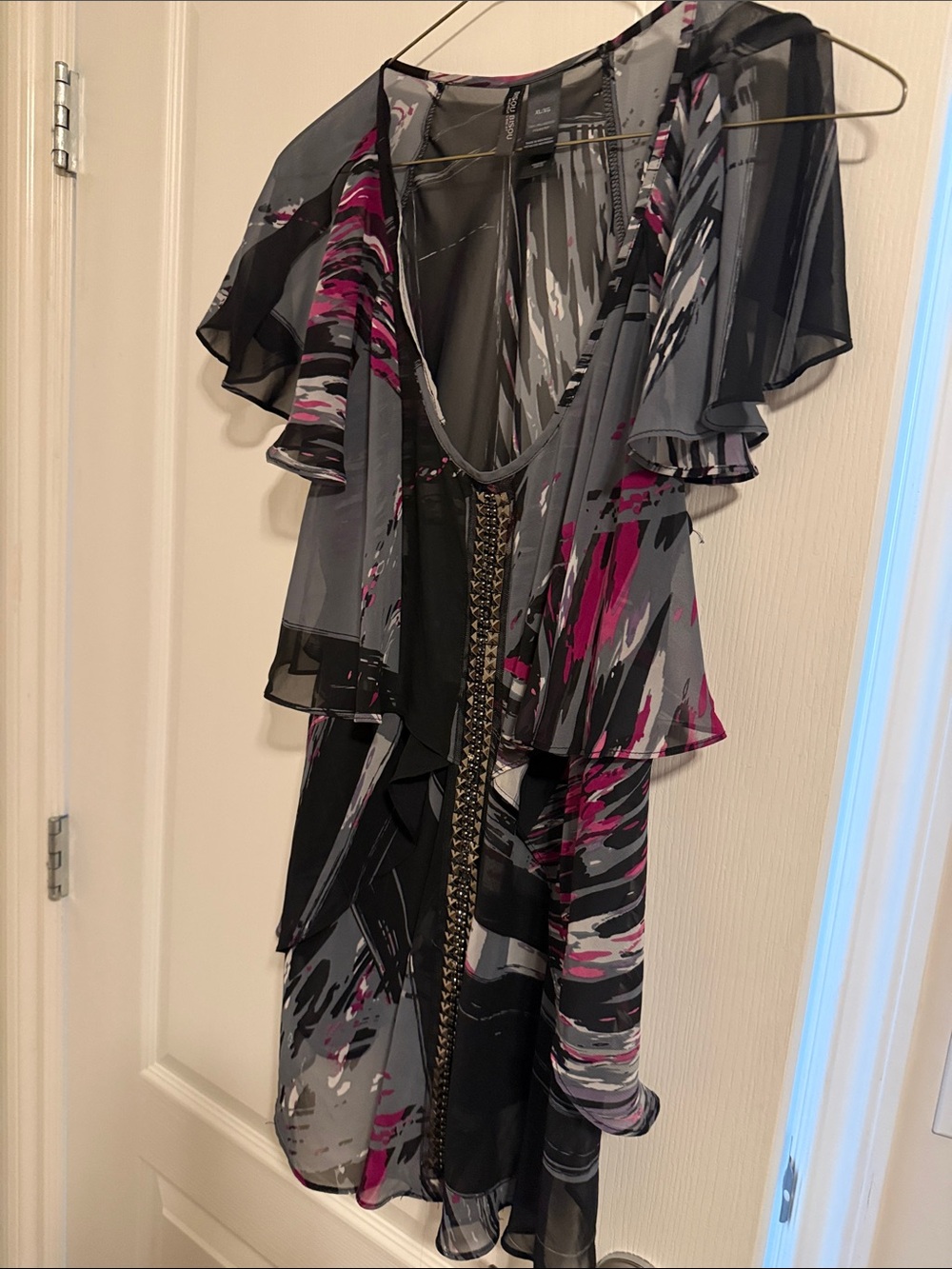Bisou Bisou Gray & Fuchsia Abstract Sheer Blouse XL